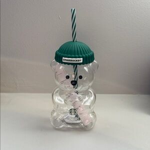 Starbucks Bear Shaped Clear Tumbler with Green Straw